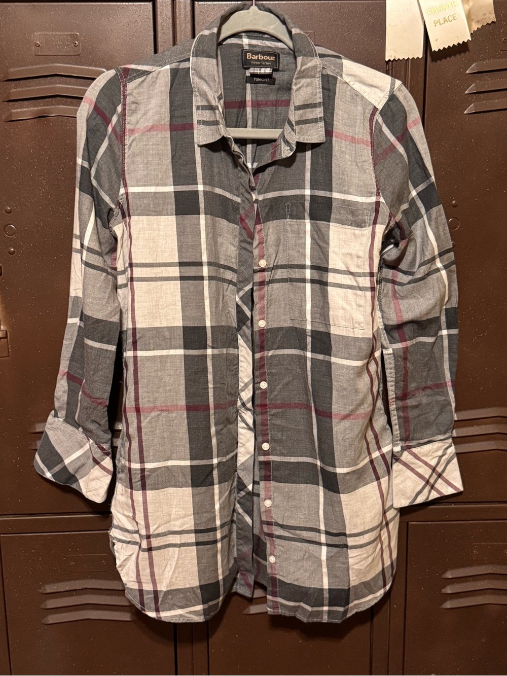 Barbour Gray Plaid Button-Up Tunic w/ Pockets